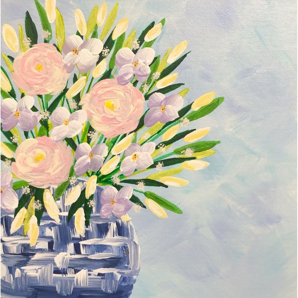 Bouquet in Blue and White Vase, 8" x 8" Floral Acrylic Original Painting